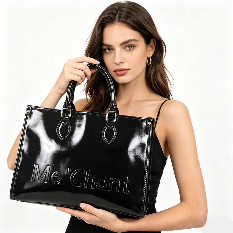 Structured Handbag Top Handle - Dames zwarte glanzende lakleren handtas van