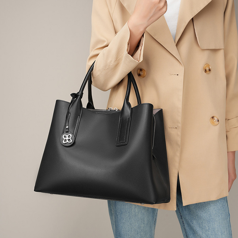 Structured Handbag Top Handle - Dames handtas van zwart echt leer,