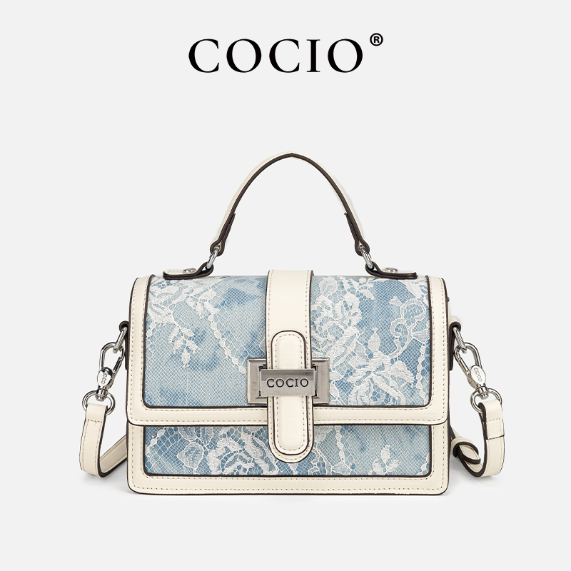 Structured Handbag Top Handle - Dames handtas met blauw slangenprint kantpatroon,